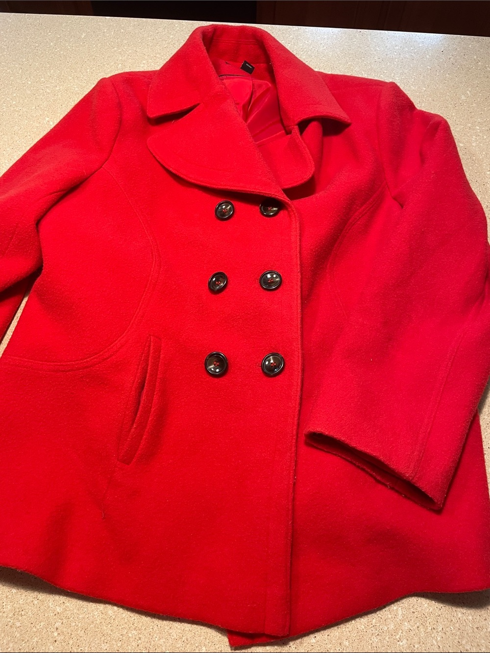 Preston & York Vibrant Red Wool Coat with Black Trim